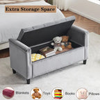 Queen Velvet Tufted Button Upholstered Storage Bench with Armrests and Nailhead Trim