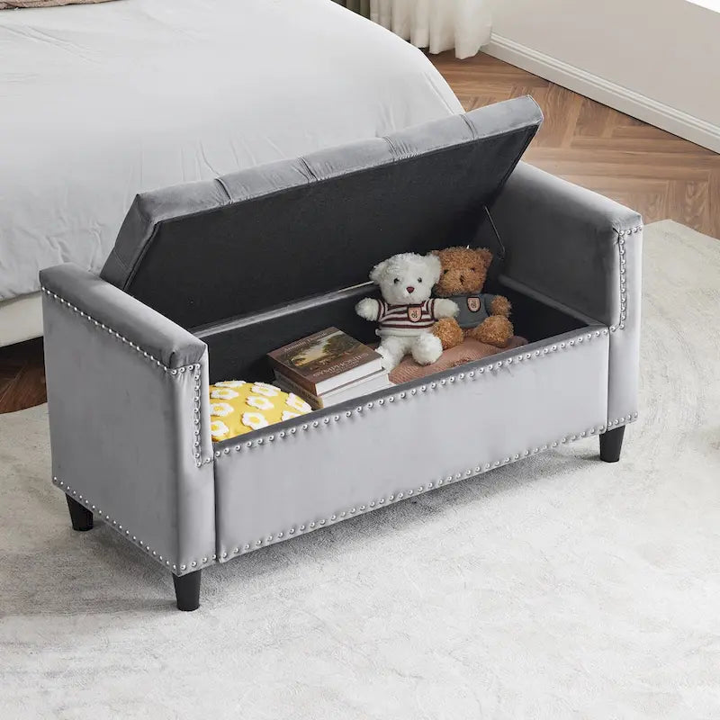 Queen Velvet Tufted Button Upholstered Storage Bench with Armrests and Nailhead Trim