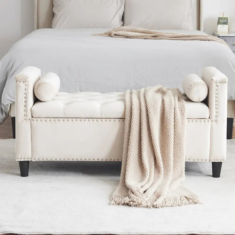 Queen Velvet Tufted Button Upholstered Storage Bench with Armrests and Nailhead Trim