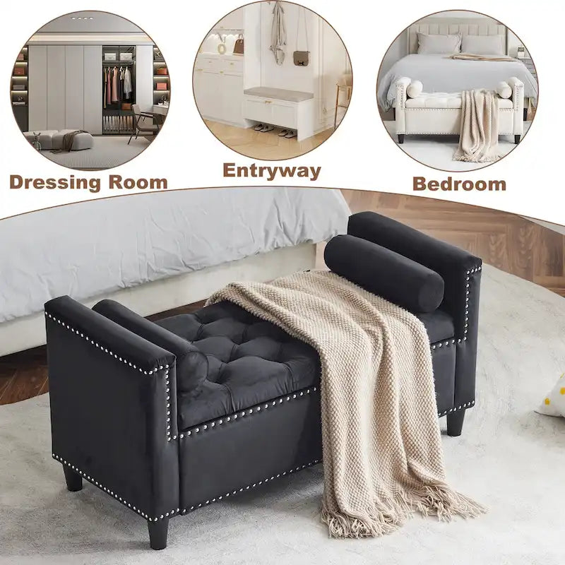 Queen Velvet Tufted Button Upholstered Storage Bench with Armrests and Nailhead Trim