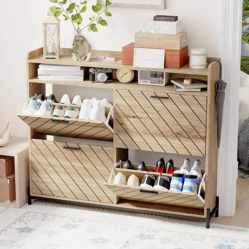 Shoe Cabinet with 4 Flip Doors - Rustic Light Brown and White Gold