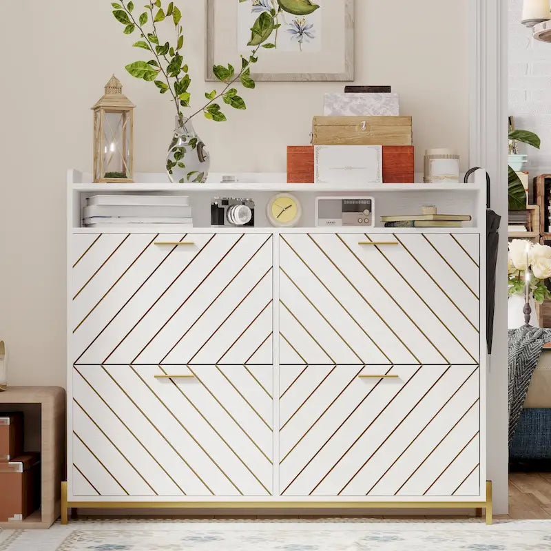 Shoe Cabinet with 4 Flip Doors - Rustic Light Brown and White Gold