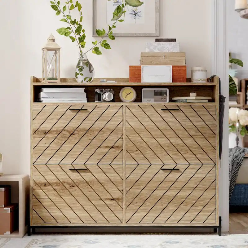 Shoe Cabinet with 4 Flip Doors - Rustic Light Brown and White Gold