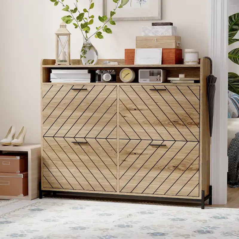 Shoe Cabinet with 4 Flip Doors - Rustic Light Brown and White Gold