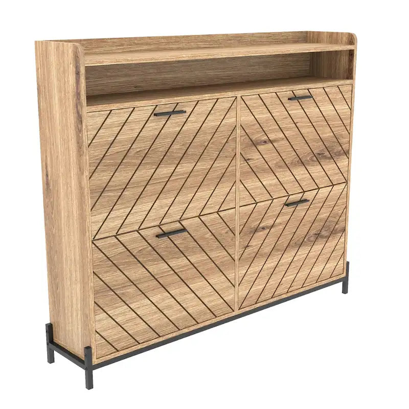 Shoe Cabinet with 4 Flip Doors - Rustic Light Brown and White Gold