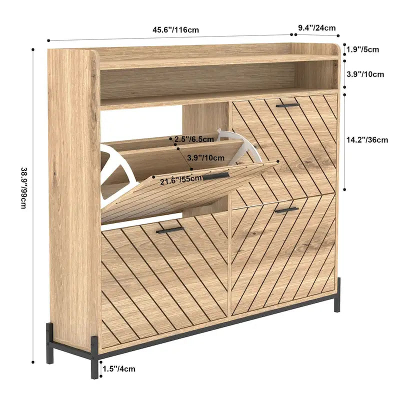 Shoe Cabinet with 4 Flip Doors - Rustic Light Brown and White Gold