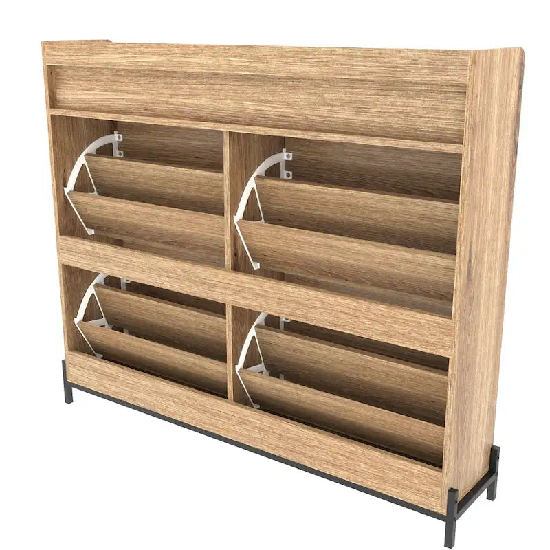 Shoe Cabinet with 4 Flip Doors - Rustic Light Brown and White Gold