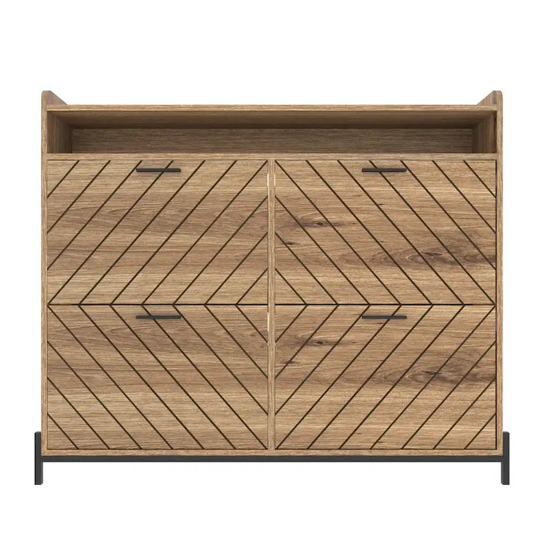 Shoe Cabinet with 4 Flip Doors - Rustic Light Brown and White Gold
