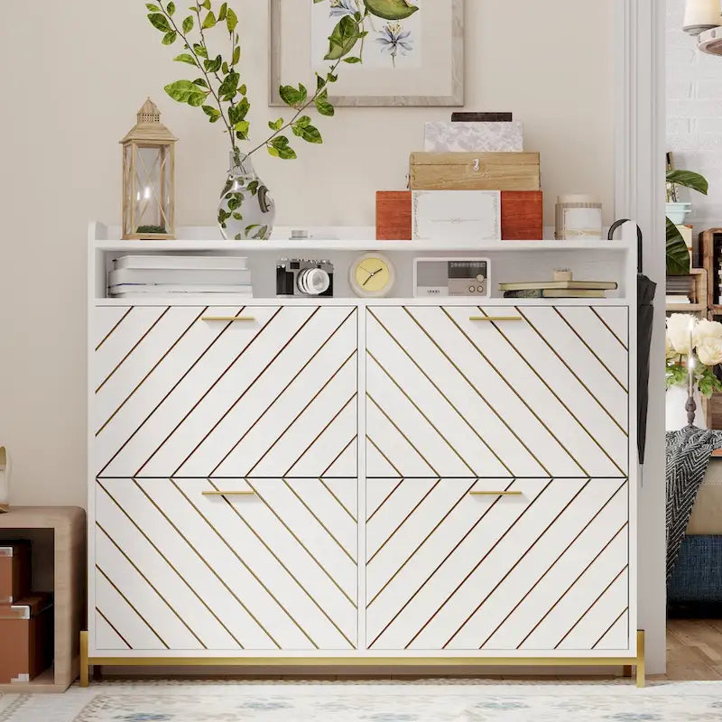 Shoe Cabinet with 4 Flip Doors - Rustic Light Brown and White Gold