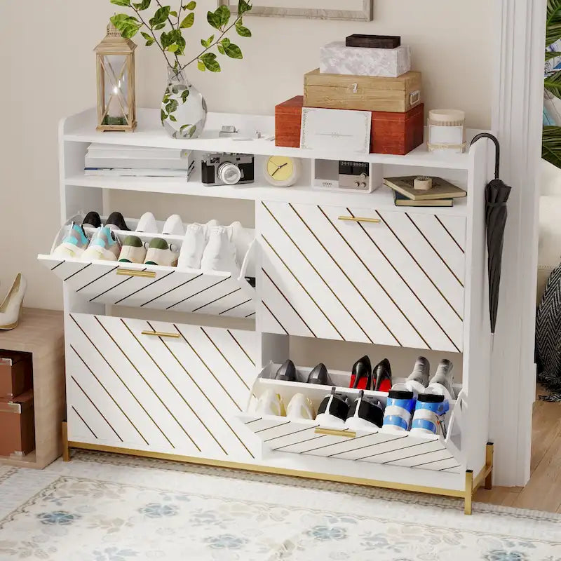 Shoe Cabinet with 4 Flip Doors - Rustic Light Brown and White Gold