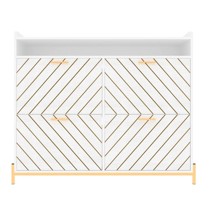 Shoe Cabinet with 4 Flip Doors - Rustic Light Brown and White Gold
