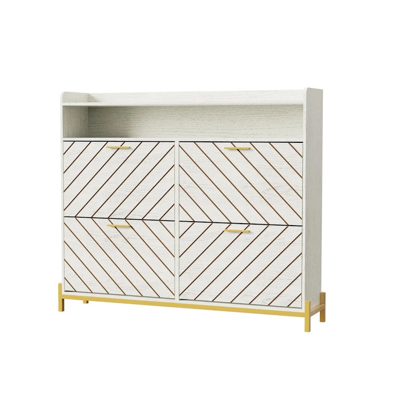 Shoe Cabinet with 4 Flip Doors - Rustic Light Brown and White Gold
