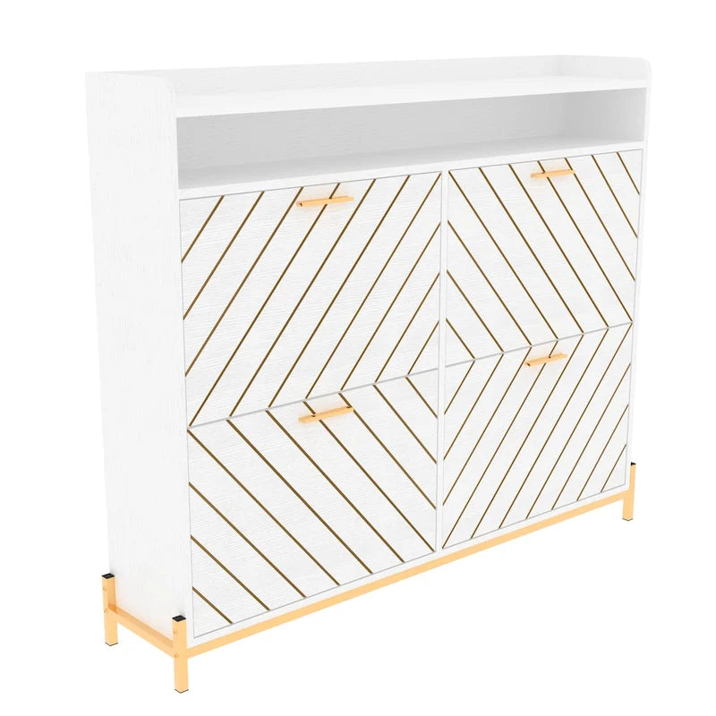 Shoe Cabinet with 4 Flip Doors - Rustic Light Brown and White Gold