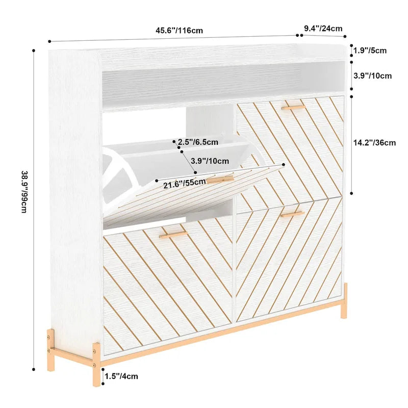 Shoe Cabinet with 4 Flip Doors - Rustic Light Brown and White Gold