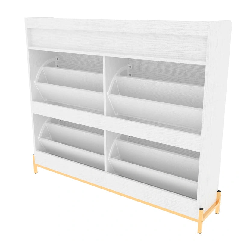 Shoe Cabinet with 4 Flip Doors - Rustic Light Brown and White Gold