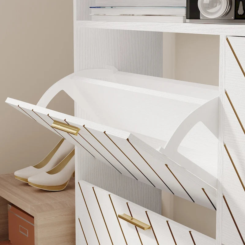Shoe Cabinet with 4 Flip Doors - Rustic Light Brown and White Gold