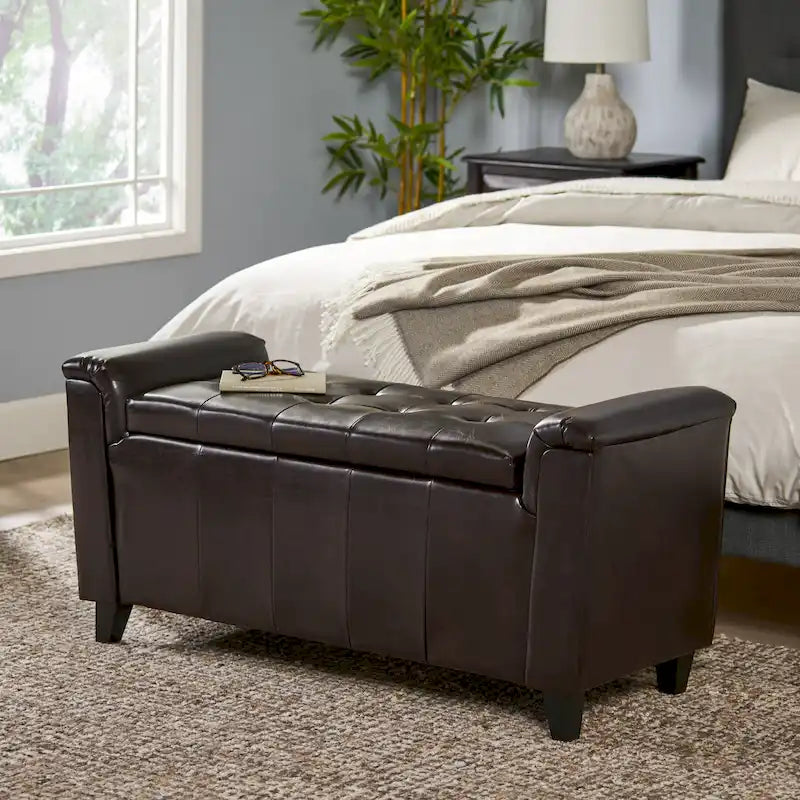 Armed Storage Ottoman Bench with Button Tufting & Birch Legs - 45.5W x 17.5D x 20.75H