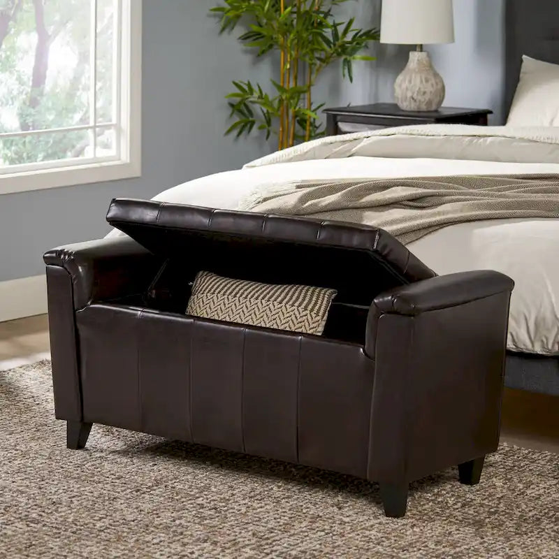 Armed Storage Ottoman Bench with Button Tufting & Birch Legs - 45.5W x 17.5D x 20.75H