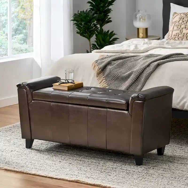 Armed Storage Ottoman Bench with Button Tufting & Birch Legs - 45.5W x 17.5D x 20.75H