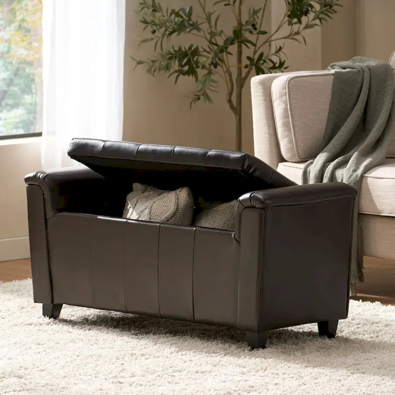 Armed Storage Ottoman Bench with Button Tufting & Birch Legs - 45.5W x 17.5D x 20.75H