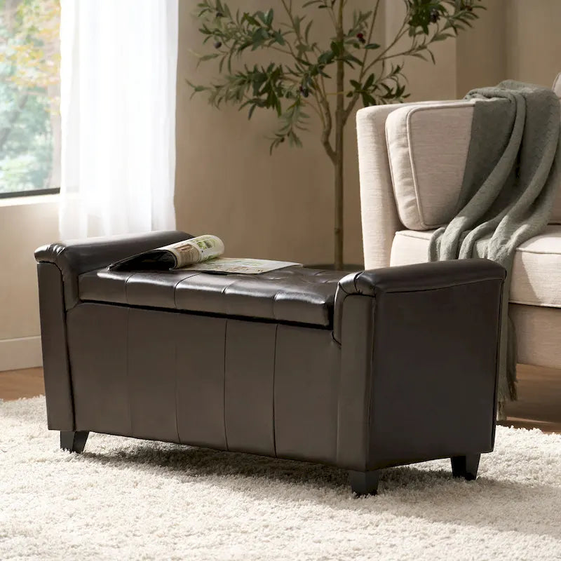 Armed Storage Ottoman Bench with Button Tufting & Birch Legs - 45.5W x 17.5D x 20.75H