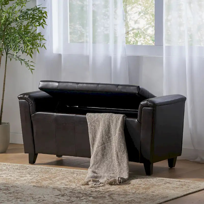 Armed Storage Ottoman Bench with Button Tufting & Birch Legs - 45.5W x 17.5D x 20.75H