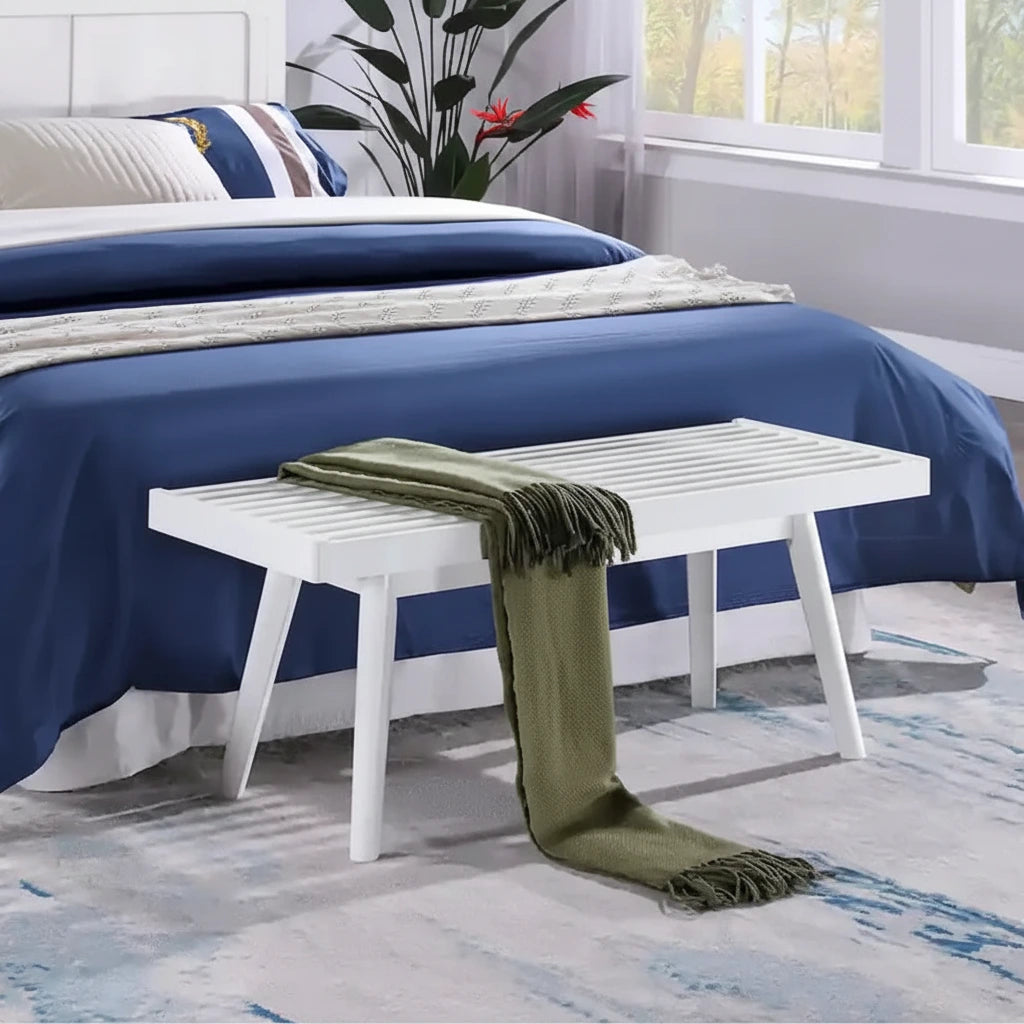 Roundhill Furniture Larwich Solid Wood Slatted Bench, White - 41.30W x 16.50D x 17.50H
