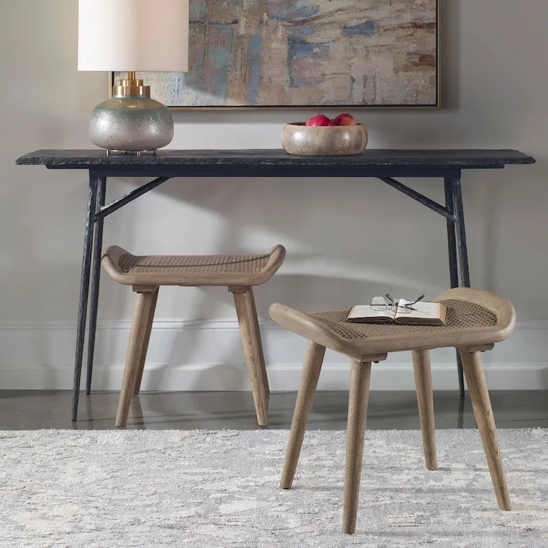 Scandinavian Small Bench with Rattan Top & Oak Frame