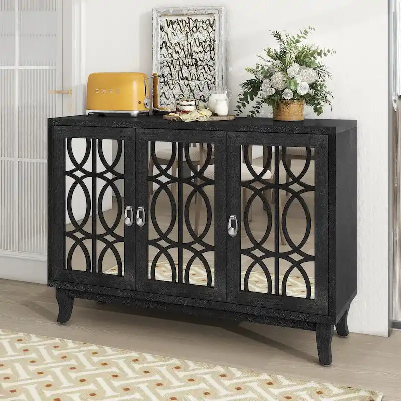 3 Door Mirrored Buffet Cabinet with Silver Handle - N/A