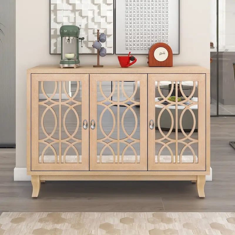 3 Door Mirrored Buffet Cabinet with Silver Handle - N/A