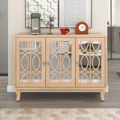 3 Door Mirrored Buffet Cabinet with Silver Handle - N/A
