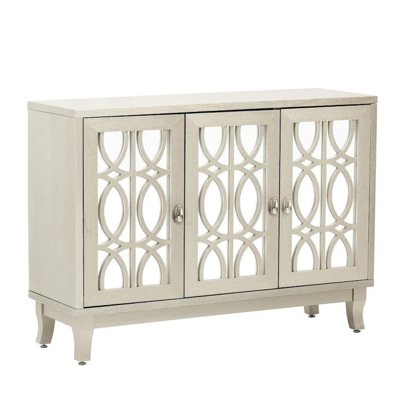 3 Door Mirrored Buffet Cabinet with Silver Handle - N/A