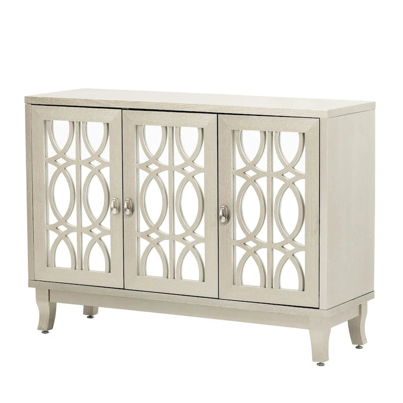 3 Door Mirrored Buffet Cabinet with Silver Handle - N/A