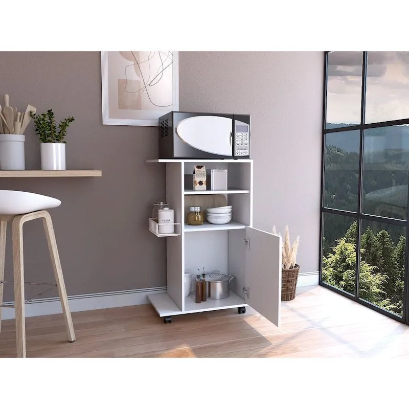 Kitchen Cart with Single Door Cabinet & Four Casters - White Finish