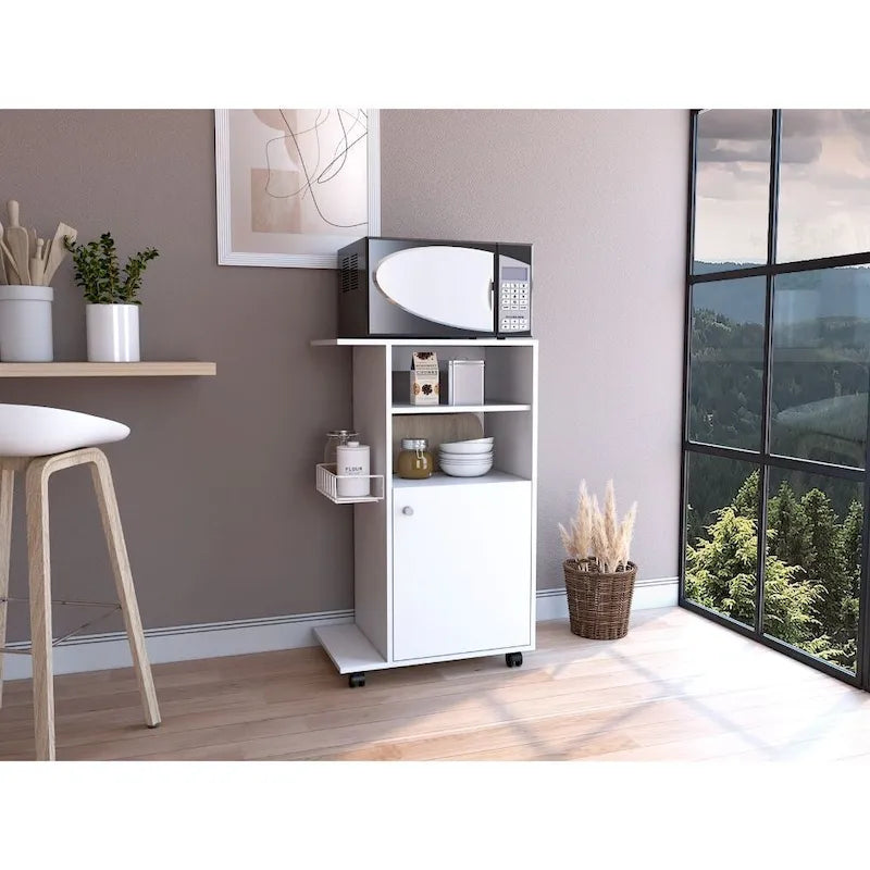 Kitchen Cart with Single Door Cabinet & Four Casters - White Finish