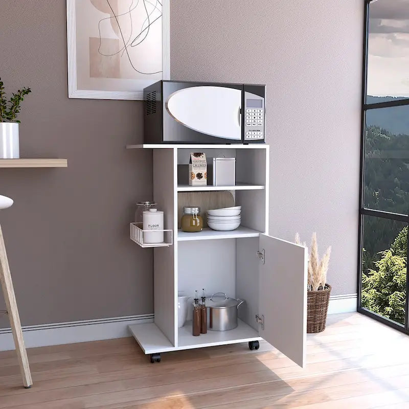 Kitchen Cart with Single Door Cabinet & Four Casters - White Finish
