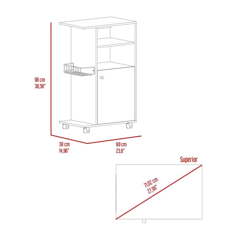 Kitchen Cart with Single Door Cabinet & Four Casters - White Finish