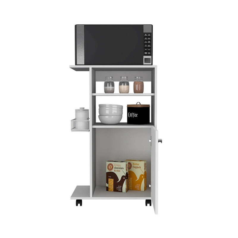 Kitchen Cart with Single Door Cabinet & Four Casters - White Finish