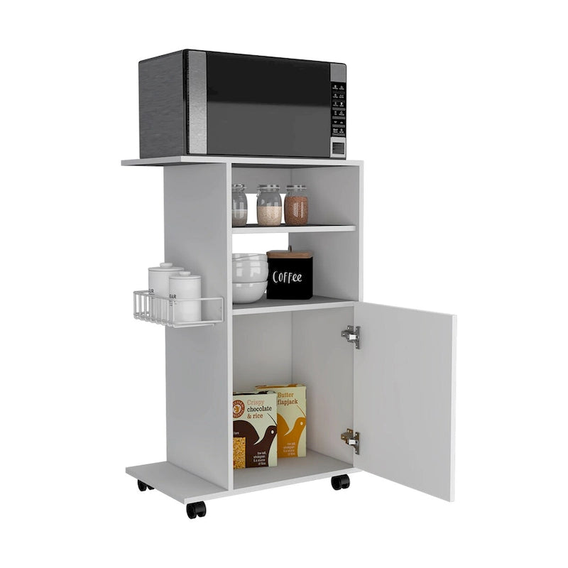Kitchen Cart with Single Door Cabinet & Four Casters - White Finish