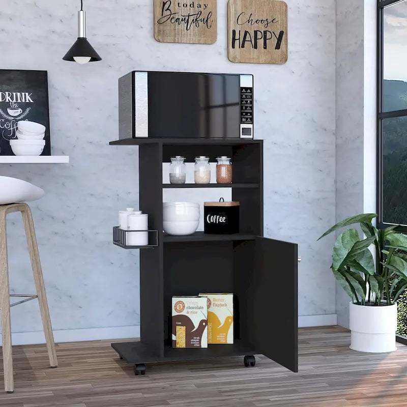 Kitchen Cart with Single Door Cabinet & Four Casters - White Finish