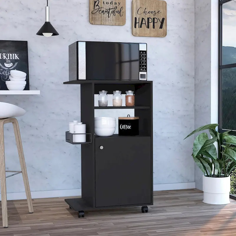 Kitchen Cart with Single Door Cabinet & Four Casters - White Finish