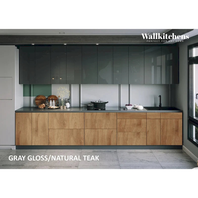 Natural Teak & Black Kitchen Cabinet - 13Ft Wide, Soft-Close
