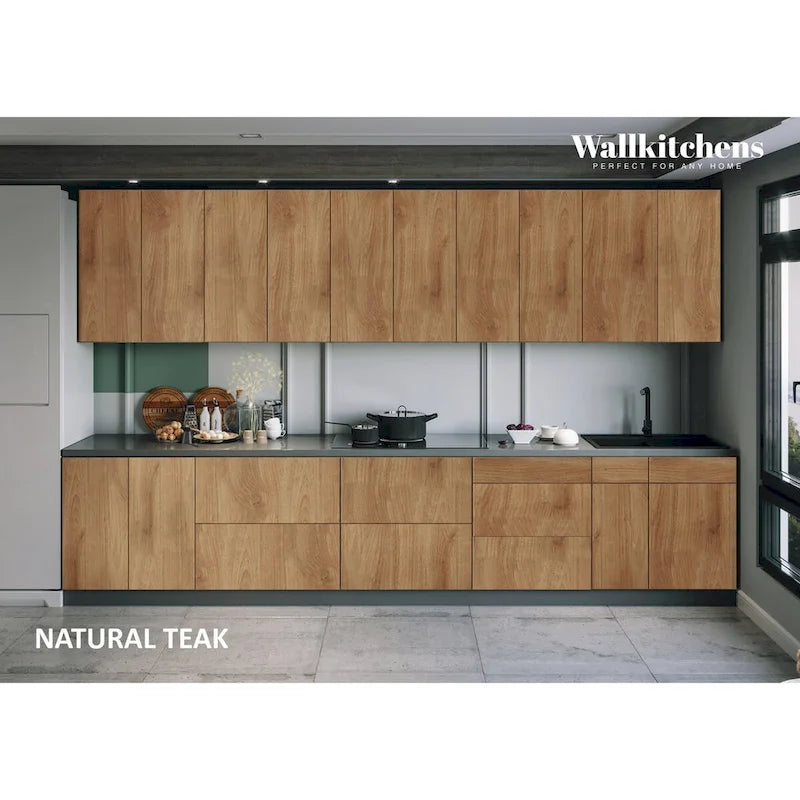 Natural Teak & Black Kitchen Cabinet - 13Ft Wide, Soft-Close