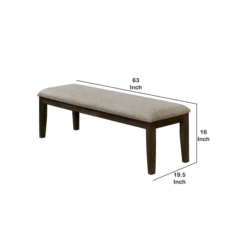 Fabric Upholstered Bench with Nailhead Trim and Tapered Legs, Gray and Espresso