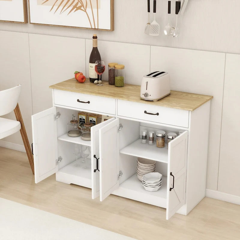 47.95" Farmhouse Buffet Cabinet Sideboard with 2 Drawers & 4 Doors - White