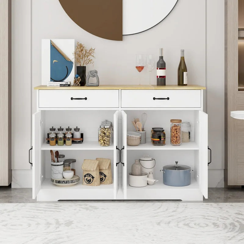 47.95" Farmhouse Buffet Cabinet Sideboard with 2 Drawers & 4 Doors - White