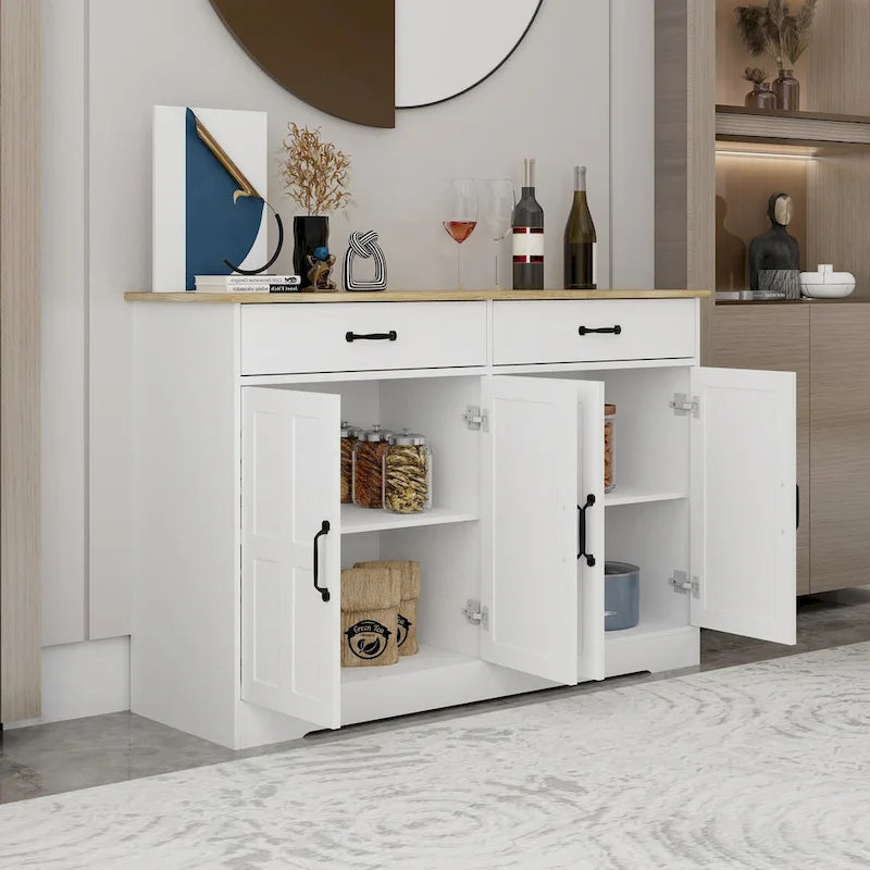 47.95" Farmhouse Buffet Cabinet Sideboard with 2 Drawers & 4 Doors - White