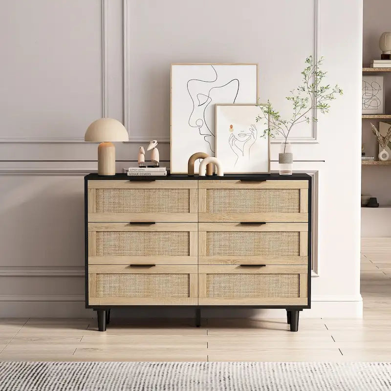 43.316-Drawers Rattan Storage Cabinet Rattan Drawer,for Bedroom,Living Room,Black