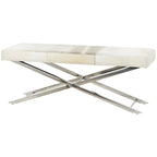 Leather Bench or Stool with Silver X-Shaped Stainless Metal Base - Beige or Gray - Roche River Decor