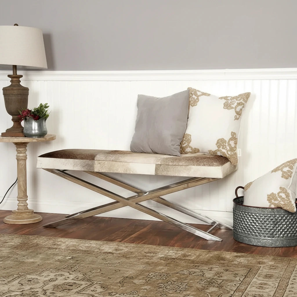Leather Bench & Stool with Silver X-Base - Beige & Gray, Indoor Accent Seating